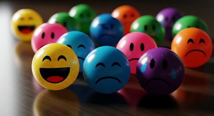 Colorful emoticon balls, smiling and frowning faces, emotions, expressions, mood icons