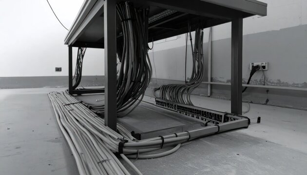 Underneath a table with many cables and wires organized neatly.