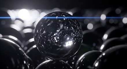 Shiny metallic balls, reflective spheres, laser beam, futuristic technology background