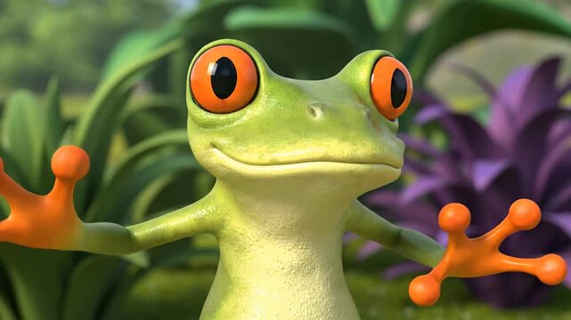 Joyful 3D RedEyed Tree Frog Smiles  Waves in Vibrant Green Rainforest.