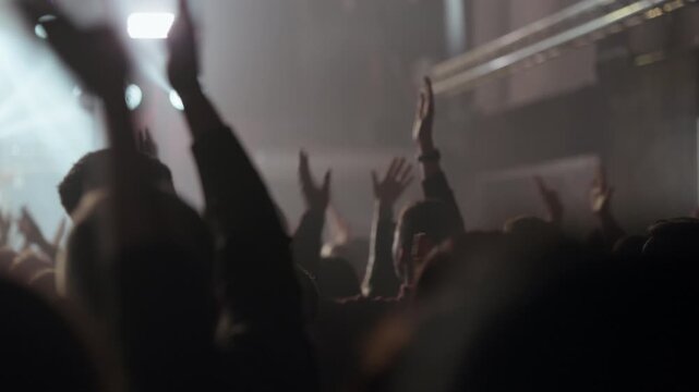 Back view of a lively crowd at a concert, hands raised and clapping to the music. The dark, smoky venue is illuminated by vibrant stage lights, capturing the excitement and energy of the live event