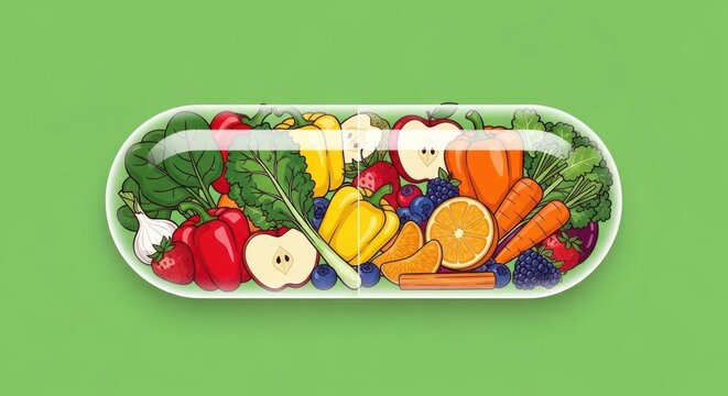 A colorful fruit and vegetable capsule with various fruits and vegetables inside.