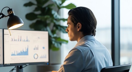Businesswoman analyzing data, office worker on computer, financial graphs on screen