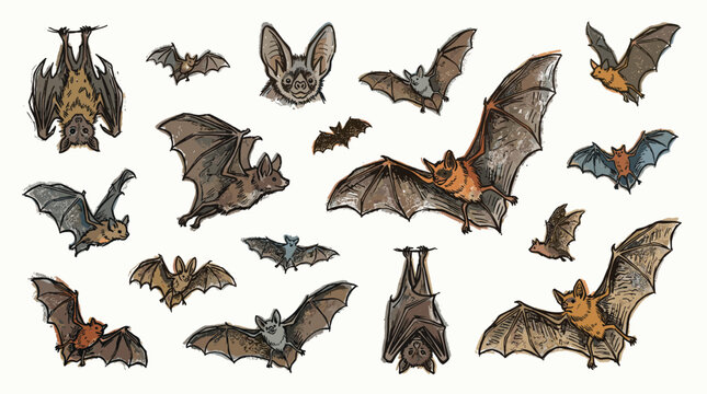 Collection of diverse bat species in various poses, including flying and hanging upside down, rendered in a detailed illustrative style