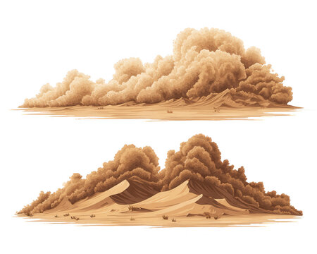 Illustrazione vettoriale di due imponenti tempeste di sabbia e nuvole di polvere che si innalzano su dune desertiche, raffigurando un fenomeno naturale.