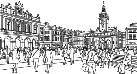 Bustling City Square - A Vibrant Urban Scene with Crowds and Architecture. © jamingan