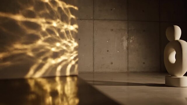 A small abstract sculpture stands on a reflective surface with a warm light casting a pattern on a concrete wall in the background with a dark and moody atmosphere.