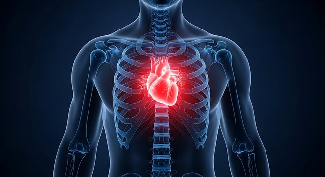 Human body with glowing red heart and skeleton