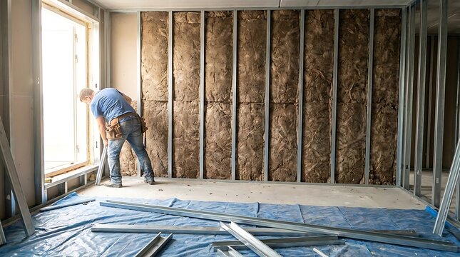 Builder Working on Soundproofing and Thermal Insulation for Interior Drywall System Using Mineral Wool and Metal Profile Studs