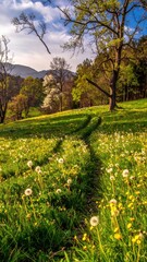 Fototapeta premium Scenic Meadow Pathway Surrounded by Dandelions and Blooming Trees