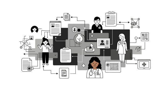 A modern, clean graphic illustrating data movement and processing. Ideal for explaining complex systems, technical concepts, or digital workflows in p