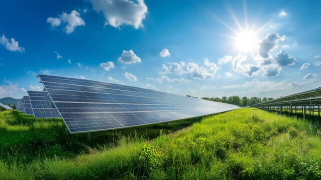 青空と強い日差しの下に広がる太陽光発電所、自然と共生するクリーンエネルギーの風景