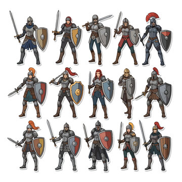 Collection of Fantasy Medieval Knight Characters in Full Armor with Swords and Shields.