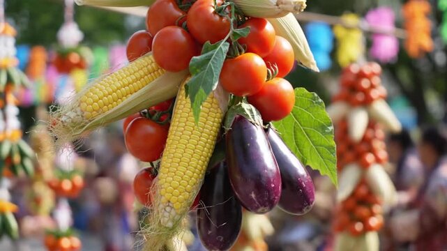 Pahiyas Festival theme, close-up of a cluster of red tomatoes, yellow corn, and purple eggplants hanging as ornaments