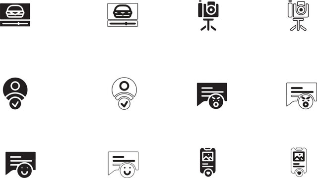 Professional set of photography and social media moderation icons featuring cameras, verified users, and sentiment feedback speech bubbles.