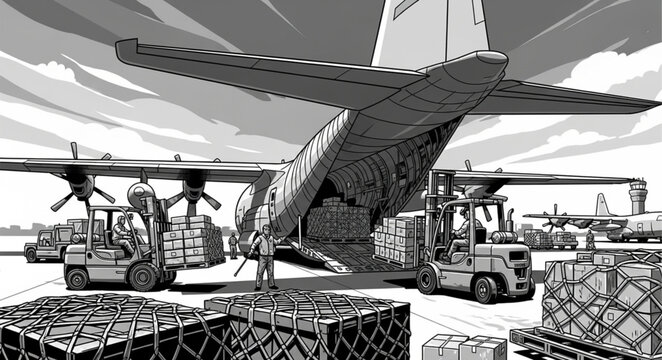 C-130 Hercules cargo plane being loaded with supplies.
