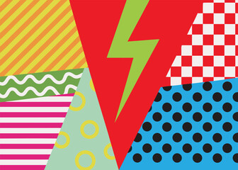 Obraz premium A lime green lightning bolt sits centered over a large red triangle within a collage of colorful geometric patterns and striped textures.