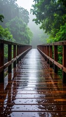 Obraz premium Serene Wooden Bridge in Rainy Forest Landscape with Greenery