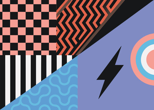 A black lightning bolt and a concentric pink circle sit on a purple background beside sections of checkered, zigzag, and striped patterns.
