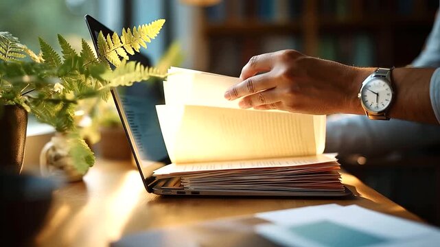 Close up of hands flipping through a tabbed accordion folder of documents next to an open laptop with research tabs visible on screen bright home office desk with
