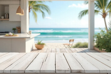 Fototapeta premium Modern beach house kitchen with ocean view and wooden deck, mockup, product placement mockup, beach mockup
