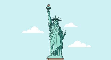 The iconic Statue of Liberty stands tall against a clear blue sky with fluffy white clouds, symbolizing freedom and hope. © blu
