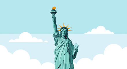 The iconic Statue of Liberty stands tall against a bright blue sky with fluffy white clouds, symbolizing freedom and hope. © blu