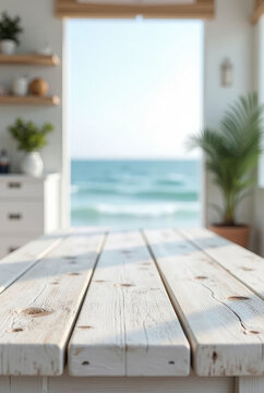 Modern beach house kitchen with ocean view and wooden deck, mockup, product placement mockup, beach mockup