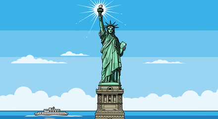 The Statue of Liberty stands tall against a bright blue sky with fluffy white clouds, a symbol of freedom and democracy in New York Harbor. © blu