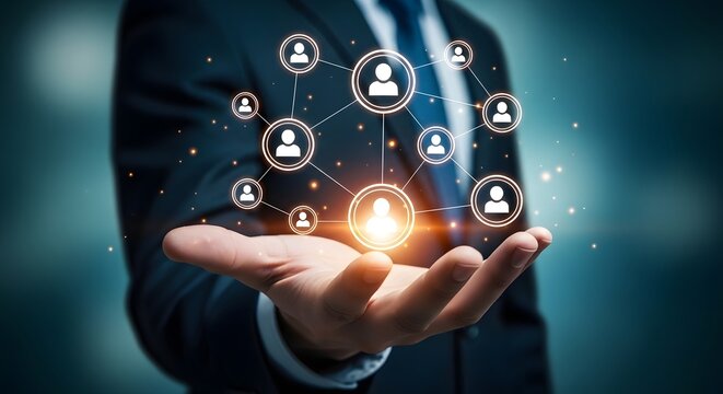 Digital network connection a hand holding glowing user profile icons