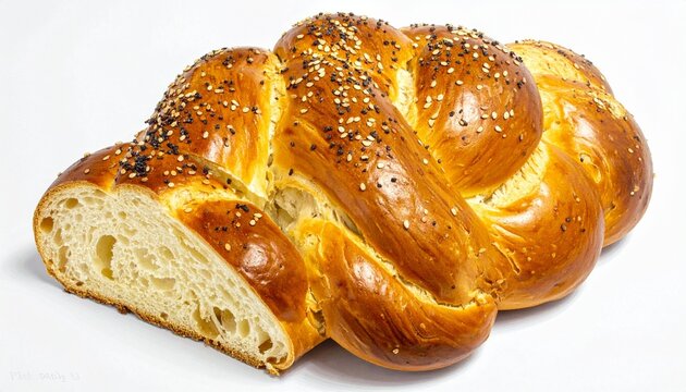 A golden braided challah loaf, glossy with seeds, symbolizes tradition, celebration, and warmth, offering soft texture and rich flavor for family gatherings and festive rituals.