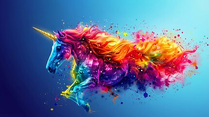 Obraz premium A vibrant unicorn runs freely in a colorful landscape with splashes.