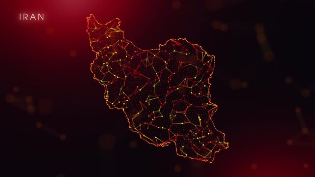 A dynamic motion video showcasing the Iran country border through a colorful plexus reveal. Glowing red and orange dots represent high-tech data communication and global digital networks.