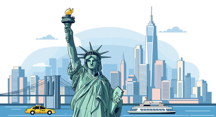 The iconic Statue of Liberty stands tall against the New York City skyline, with the Brooklyn Bridge and a yellow taxi visible. © blu