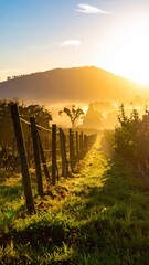Obraz premium Scenic Vineyard Landscape at Sunrise with Misty Mountains in Background