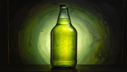 Green liquid beverage in glass bottle on dark background with lighting