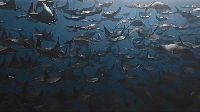 Mobula Rays Swimming in Massive Ocean Aggregation