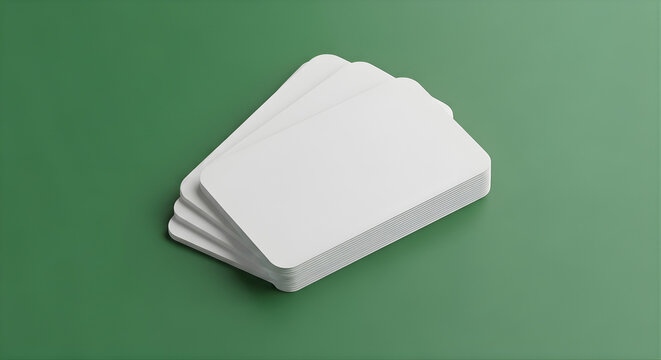 stack of three minimalist blank business cards with rounded corners, slight fanned arrangement, isolated on solid green screen 