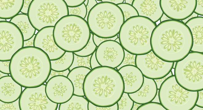 A dense and vibrant wallpaper of overlapping fresh cucumber slices creates a lush green texture showcasing detailed internal seed patterns and rinds.