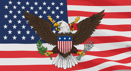 Great Seal of the United States featuring a bald eagle holding an olive branch and arrows, superimposed on a waving American flag. © JUN