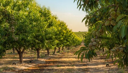 Fototapeta premium Almond Orchard Rows Summer Sunlight Ripe Almonds Growing Tree Branches