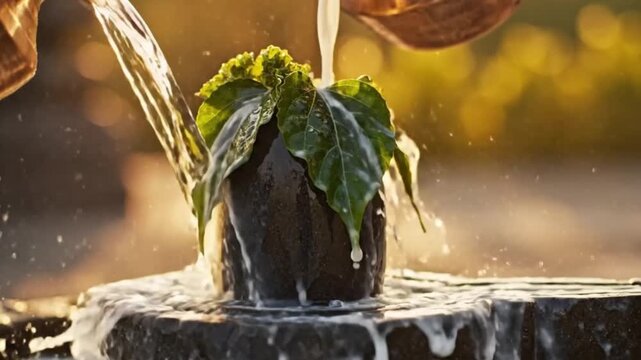 Pradosh Vrat, a sacred stone Shiva Lingam being ritually bathed with fresh milk and water, intricate splashing droplets, fresh green Bilva leaves resting on top