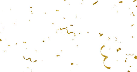 Obraz premium Confetti on a transparent background. Falling shiny golden confetti. Bright golden festive tinsel. Holiday design elements for web banner, poster, flyer, invitation. Vector