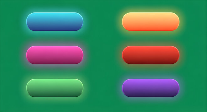 modern gradient UI button set with rounded corners, hover state glow effect, isolated on solid green screen background 
