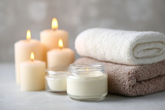 Luxury skincare cream in glass jars with stacked cotton towels and burning pillar candles on a neutral background.