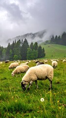 Obraz premium Grazing Sheep in a Scenic Mountain Landscape Under Cloudy Sky
