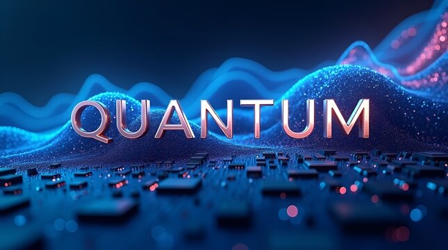 Quantum computing concept with dynamic wave motion across a blue motherboard, energy pulses, modern background