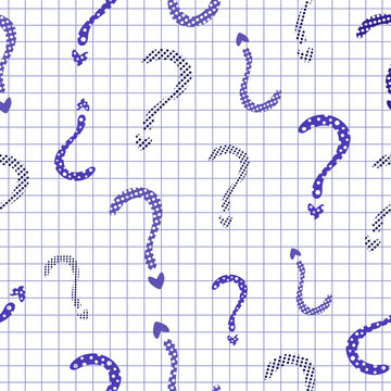 Blue monochrome question mark seamless pattern on checkered background. Decorative punctuation mark and FAQ vector backdrop