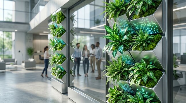 Futuristic Office Interior with Vertical Green Walls and Digital Bioluminescent Patterns