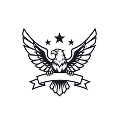 Fototapeta premium A striking black and white illustration of an eagle with outstretched wings, set against a backdrop of stars and a banner.